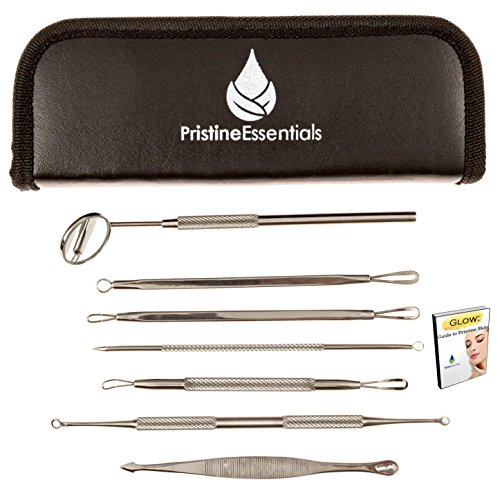 Blackhead Extractor, Comedone Extractor & Blemish Remover Kit - 7 Professional Surgical Quality Tools including FREE Dentist's Mirror by Pristine Essentials + Complementary Ebook