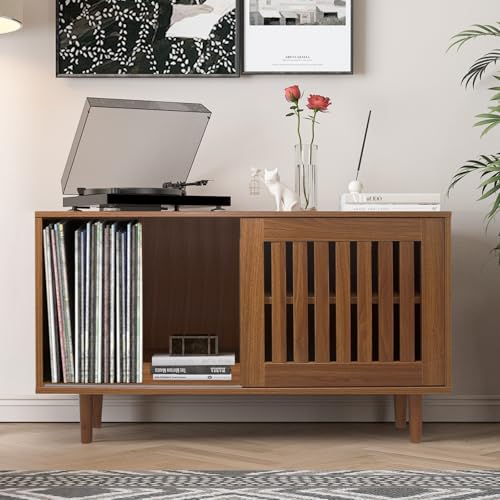 Record Player Stand, Vinyl Record Storage,TV Stand,Farmhouse Entertainment Center with Storage,Coffee Table,Mid Century Modern Table with Storages,Media Console Credenza Table for Living Room,Bedroom.
