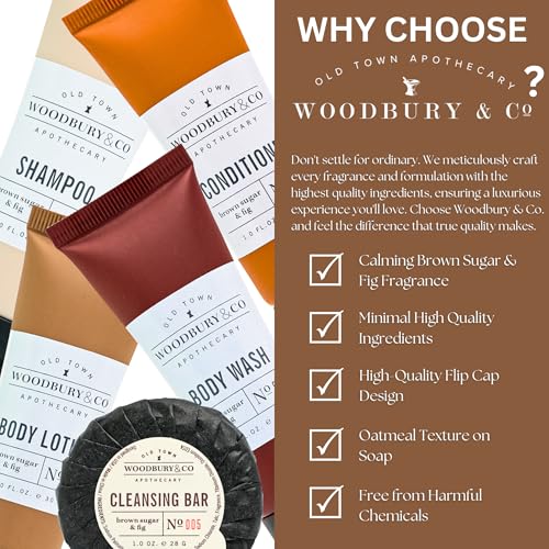 WOODBURY & CO 150 Piece Hotel Toiletries Bulk Set for Airbnb Hosts, Travel Size Shampoo, Conditioner, Body Wash, Lotion, Bar Soap, Guest Bathroom Essentials, Paraben Free, Brown Sugar and Fig Scent - Thumbnail 3