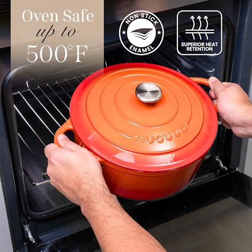 Image of Nuovva Enamelled Cast Iron Dutch Oven Pot with Lid-6.4 Quart Non Stick Casserole Pot-Heavy Duty & Oven Safe up to 500 F for Bread Baking, Braising, Stews, Roasting - 28cm Orange