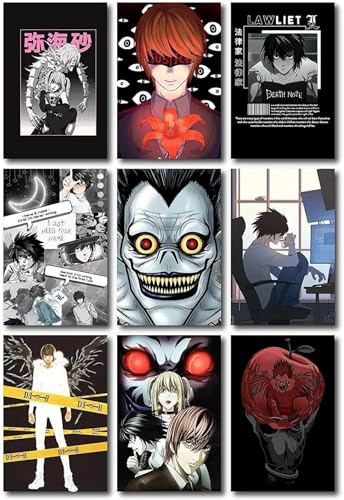 Image of ATEVON Death Note Wall Poster Set of 18 - 6x4 Inch Unframed Mini Collage Kit Featuring Light Yagami, L, Ryuk - Japanese Manga Room Decor for Fans