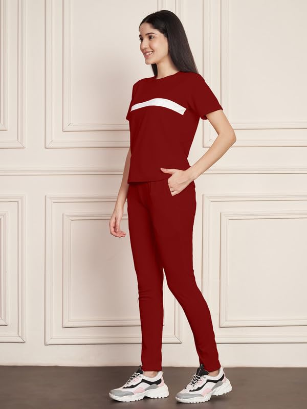 Image of DTR FASHION Polyester Blend Front Taped Tracksuit | Night Wear Suit For Women