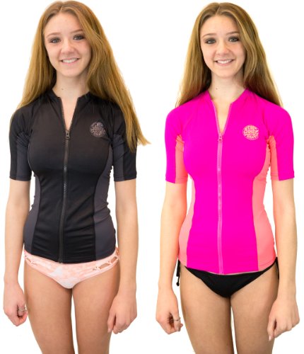 Rip Curl Party Wave Full Zip Short Sleeve Tee, Black, Large