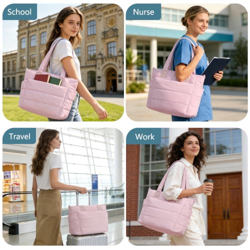 Image of Puffer Tote Bag for Women Quilted Nurse Bag Lightweight Work Bag for Teacher Travel Handbag with Multiple Pockets