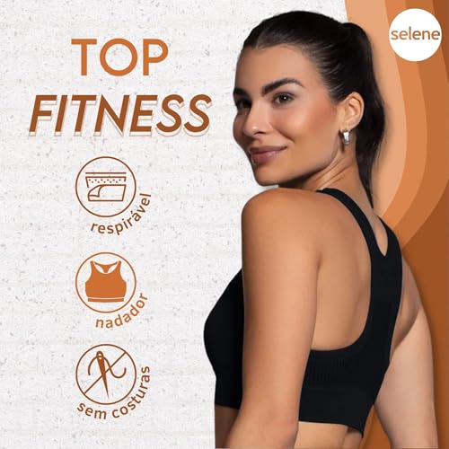 SELENE Top Academia com Microfuros Poliamida Sem Costura Feminino Fitness Adulto, 1 Preto, P