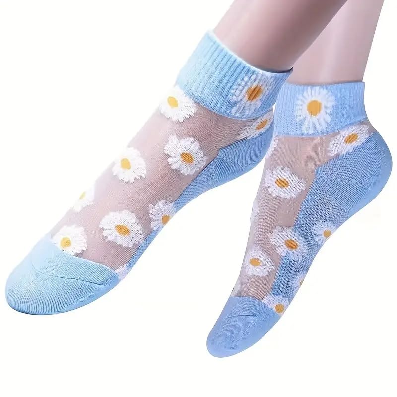 5 Pairs Women's Floral Print Short Socks, Breathable And Lightweight Transparent Socks3