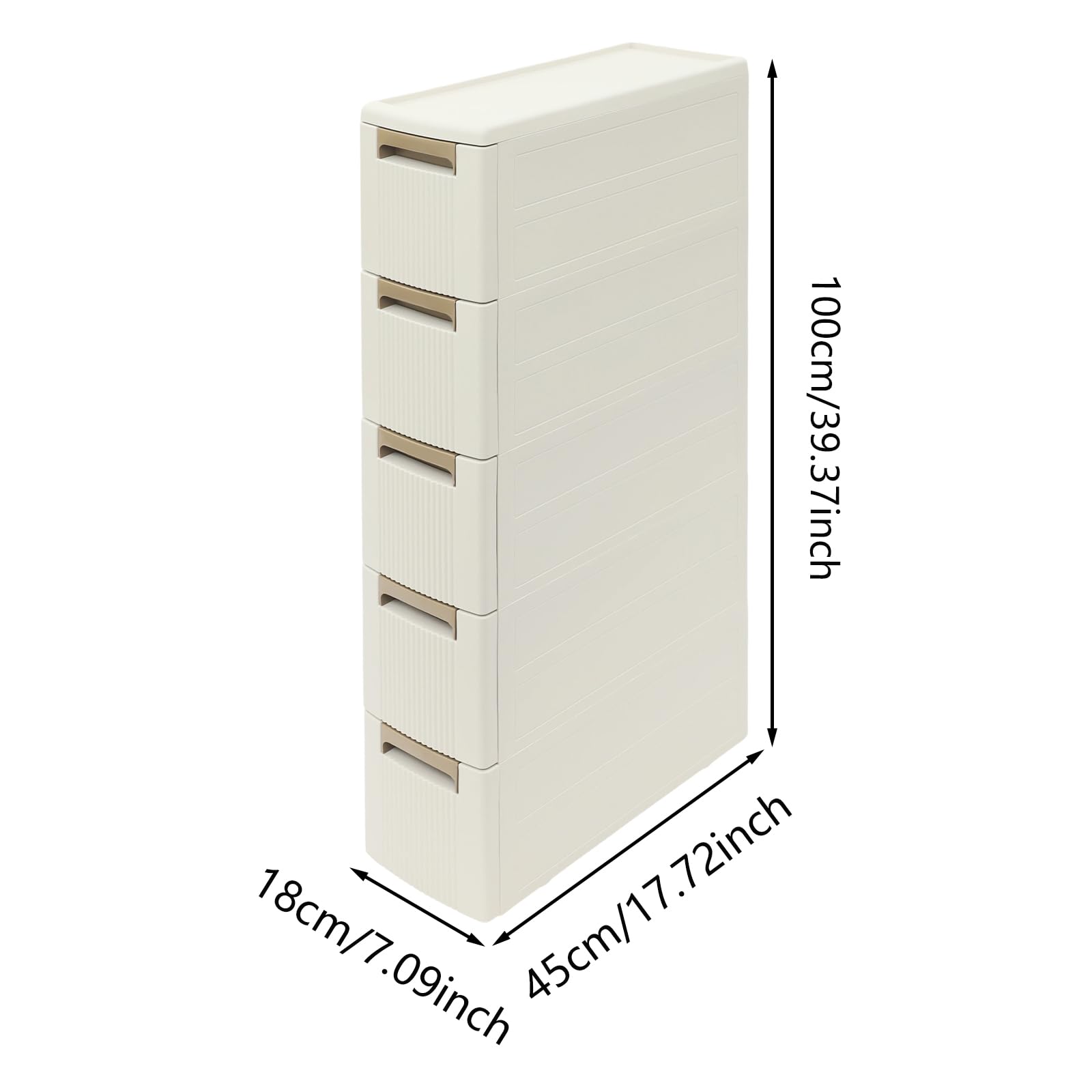 Mueble de almacenamiento estrecho de 5 niveles, mueble de baño de PP, estante con ruedas para espacios pequeños, carro rodante con 5 cajones, 18 × 45 × 100 cm