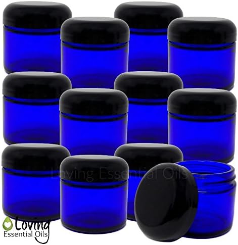 Loving Essential Oils 2oz Blue Glass Jars With Lids, Easy To Fill & Reuse Containers, Make Homemade Salve, Creams, Lip Scrubs & Oil Blends. DIY RECIPE Guide Included!