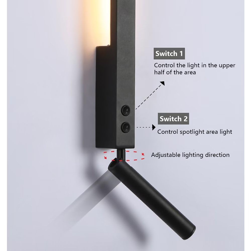 Générique Moderne LED-Wandleuchte für den Innenbereich, mit Ein-/Aus-Schalter, 45,3 Zoll, linear, langer Streifen, mit Spot, Schwarz, für Badezimmer, Schlafzimmer
