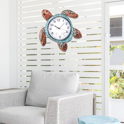 MUMTOP Turtle Outdoor Clock Waterproof, 12.6 Inch Outside Wall Clock with Thermometer Combo for Patio Pool Garden Home Decor - Image 2