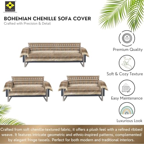 Image of Elegant Woven Brown Sofa Cover Soft Chenille Traditional Pattern with Lace Style | L-Shape Sectional Seat Protector for Living Room | Durable & Stylish Slipcover 7 Seater with Arms