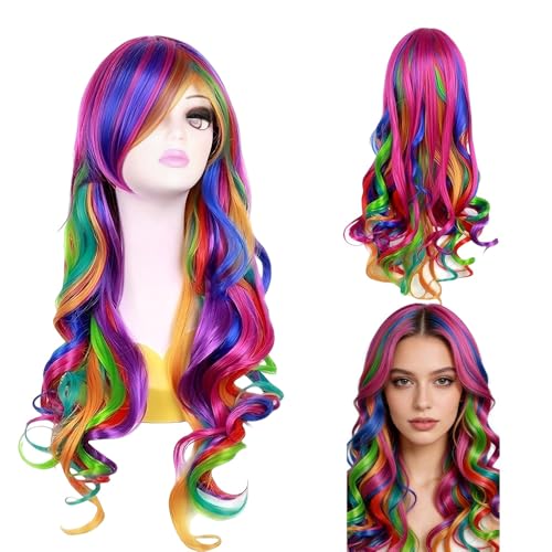 PLLYPE Perücke Bunt Lang Locken 28 Zoll/70 cm Regenbogen Perücke Bunte Perücke Fasching Perücke Damen Regenbogen Geeignet für den Alltag Rollenspiel Karneval Themenparty Animeparty