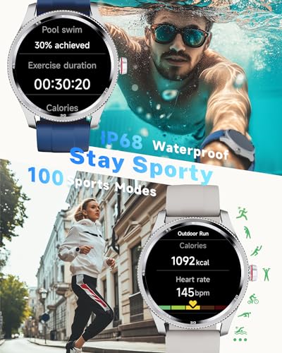 TOOBUR Inteligentny zegarek dla mężczyzn i kobiet, metalowa ramka z krokomierzem, smartwatch 100 sportowych, odpowiadanie za połączenie telefoniczne i pulsometr, wodoodporny IP68 do pływania