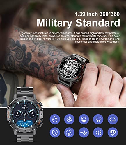 Military Smart Watch for Men 2023, Smart Watches with Bluetooth Voice Call Compatible Android iOS Phone, Smartwatch with Heart Rate SpO2 Pressure Sleep Monitor, IP67 Waterproof Tactical Fitness Watch