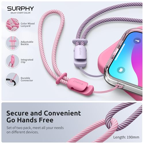 Image of SURPHY 2 Pack Phone Lanyard, Phone Wrist Strap for Case, Camera Wrist Strap | Ultra-Light 2-Color Braided Phone Strap, Cellphone Charm Strap, Anti-Lost Wrist Lanyard for Women and Men, Rose Pink Lilac