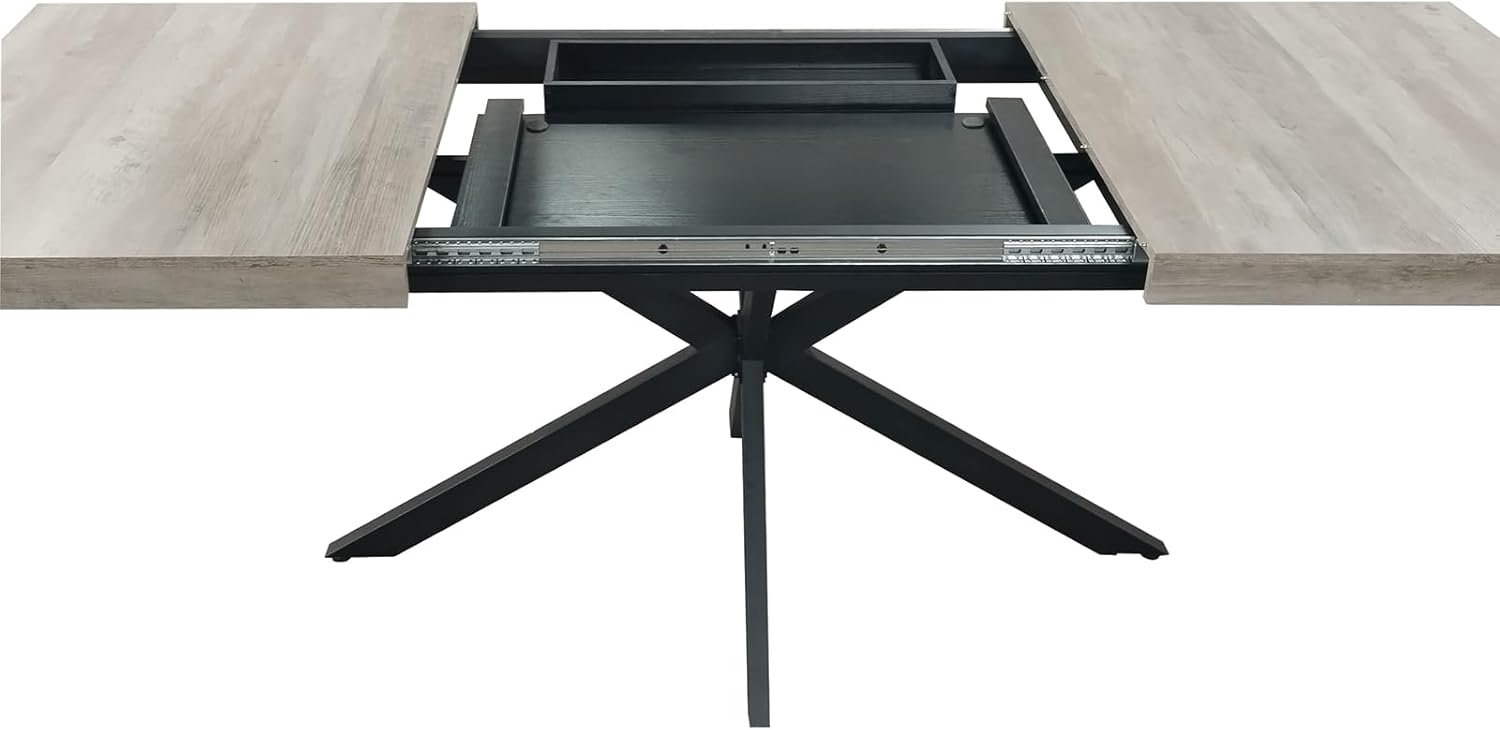 55.11'' -70.86" Expandable Table Dining for 6 Person Embossed Center Plate Iron Foot Base Long Wooden Dining Room Table