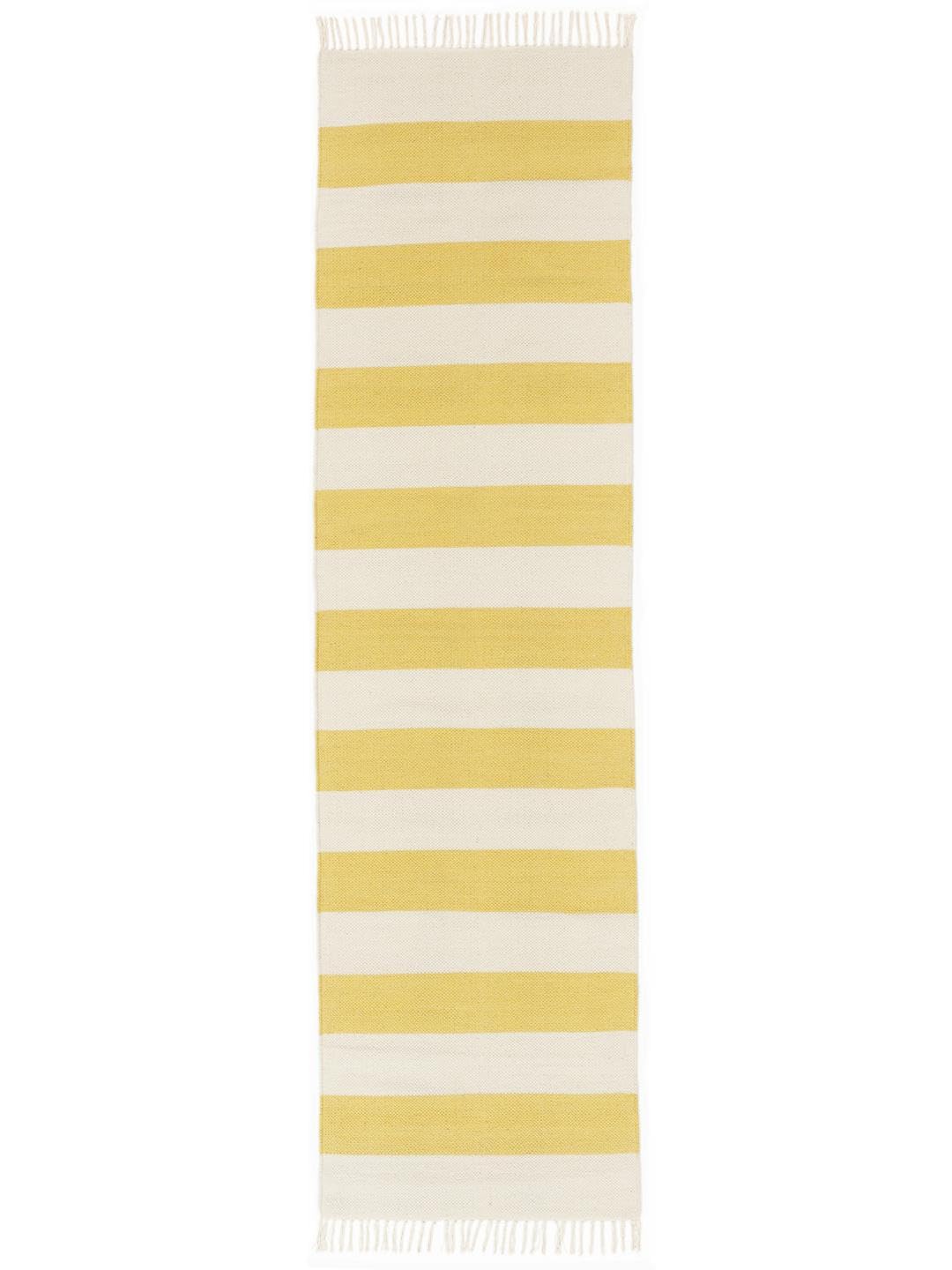 RugVista Cotton Stripe Alfombra, 80 x 300 cm, Amarillo | Kilim, Rectangular, Pelo corto, Limpieza en seco, Sala de estar, Dormitorio, Cocina, Pasillo