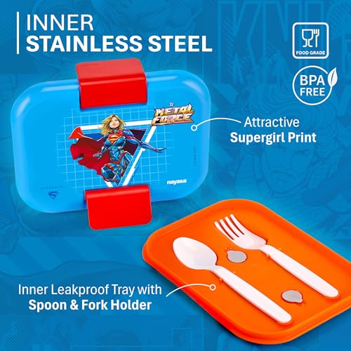 Image of Nayasa Marco Super Girl Print 2 Compartment Stainless Steel Insulated Lunch Box for Kids | Vacuum Sealed Leak Proof Tiffin Box | 650 ml | Red & Blue