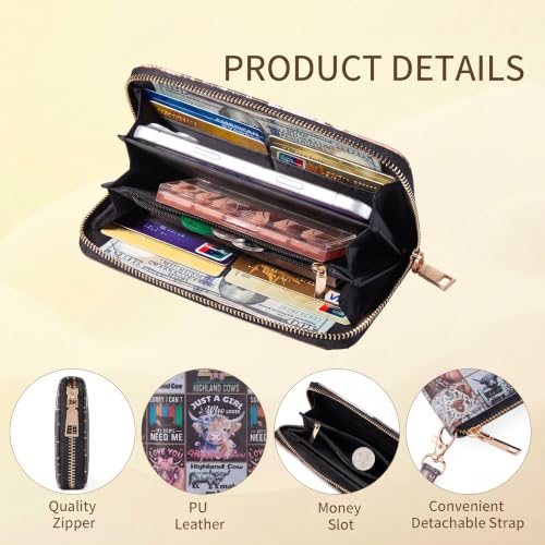 Image of Checkered Highland Cow Print Book Wallet For Women Skull Goth Frog Butterfly Ladies Cluth Wristlet Wrist Strap Long Purse Zip Around Card Holder