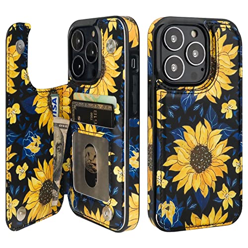 Image of HAOPINSH for iPhone 13 Pro Case Wallet with Card Holder, Blooming Sunflowers Pattern Back Flip Folio PU Leather Kickstand Card Slots Case for Women Girls, Double Magnetic Clasp Shockproof 6.1 inch