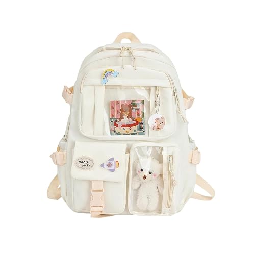 Xfopz Cute Backpacks Waterproof Multi-Pocket Nylon School Backpack for Student Boys Girls Kawaii Laptop School Bag (White)