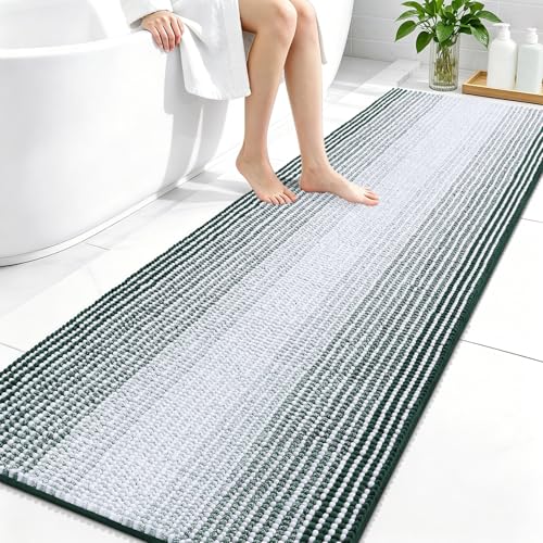 Image of OLANLY Bathroom Runner Rugs 70x24, Extra Soft Absorbent Chenille Striped Bath Rugs, Rubber Backing, Machine Wash Dry, Long Bath Mats for Bathroom, Tub, Shower, Home Decor Accessories, Blackish Green