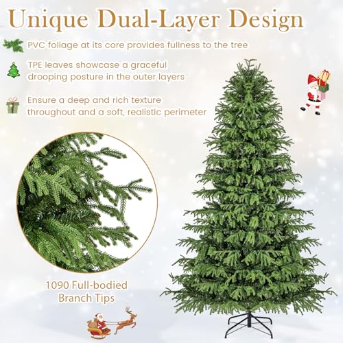 Image of Goplus 7 FT Pre-Lit Artificial Christmas Tree, Hinged Full Xmas Tree with 1090 PVC & Soft TPE Branch Tips, 370 Warm White LED Lights, Foldable Metal Stand, Home Office Holiday Decoration