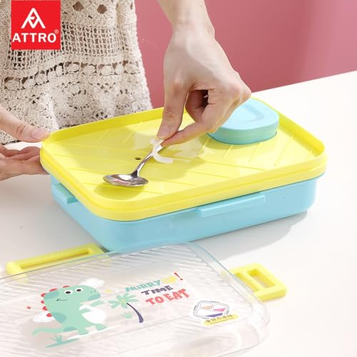 Image of ATTRO Monark Dinosaur Themed Kids Lunch Box with Inner Steel 3 Compartment 1 Small Container, Stainless Steel, 1 Spoon & Separate Internal Lid Leakproof- 750ml+70ml Yellow