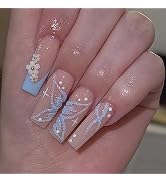 Long Fake Nails Coffin French Tip Press on Nails Blue Pearls False Nails with Flowers Charm Desig...