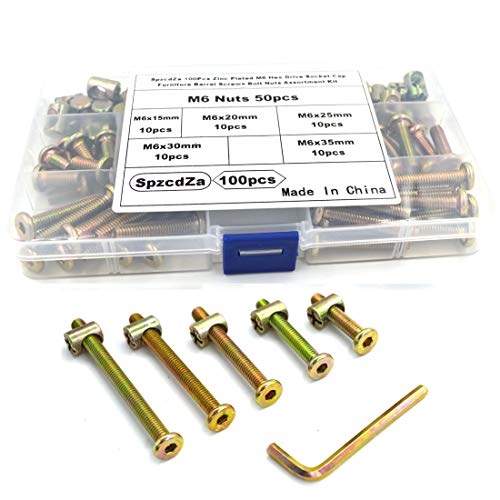 SpzcdZa 100Pcs Zinc Plated M6 Hex Drive Socket Cap Furniture Barrel Screws Bolt Nuts Assortment Kit for Furniture Cots Beds Crib and Chairs-M6 x 15/20/25/30/35mm,1 Hex Key for Free