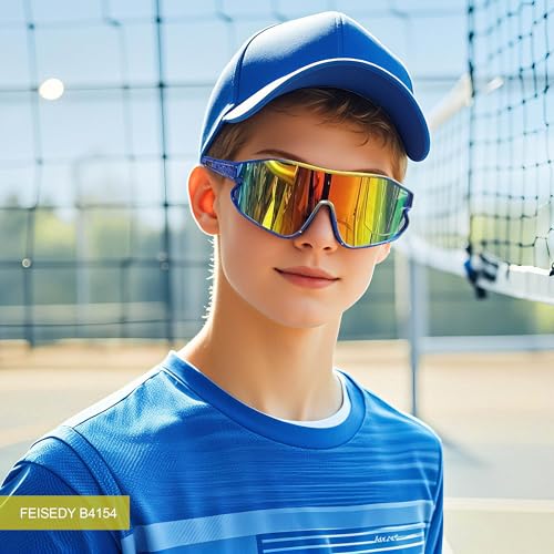 FEISEDY Unisex Youth Sunglasses, Teens Baseball Tennis Sunglasses, UV400 Sports Boys Girls Cycling Shades B4064 (Blue Yellow Frame/Red Mirror) — view 4