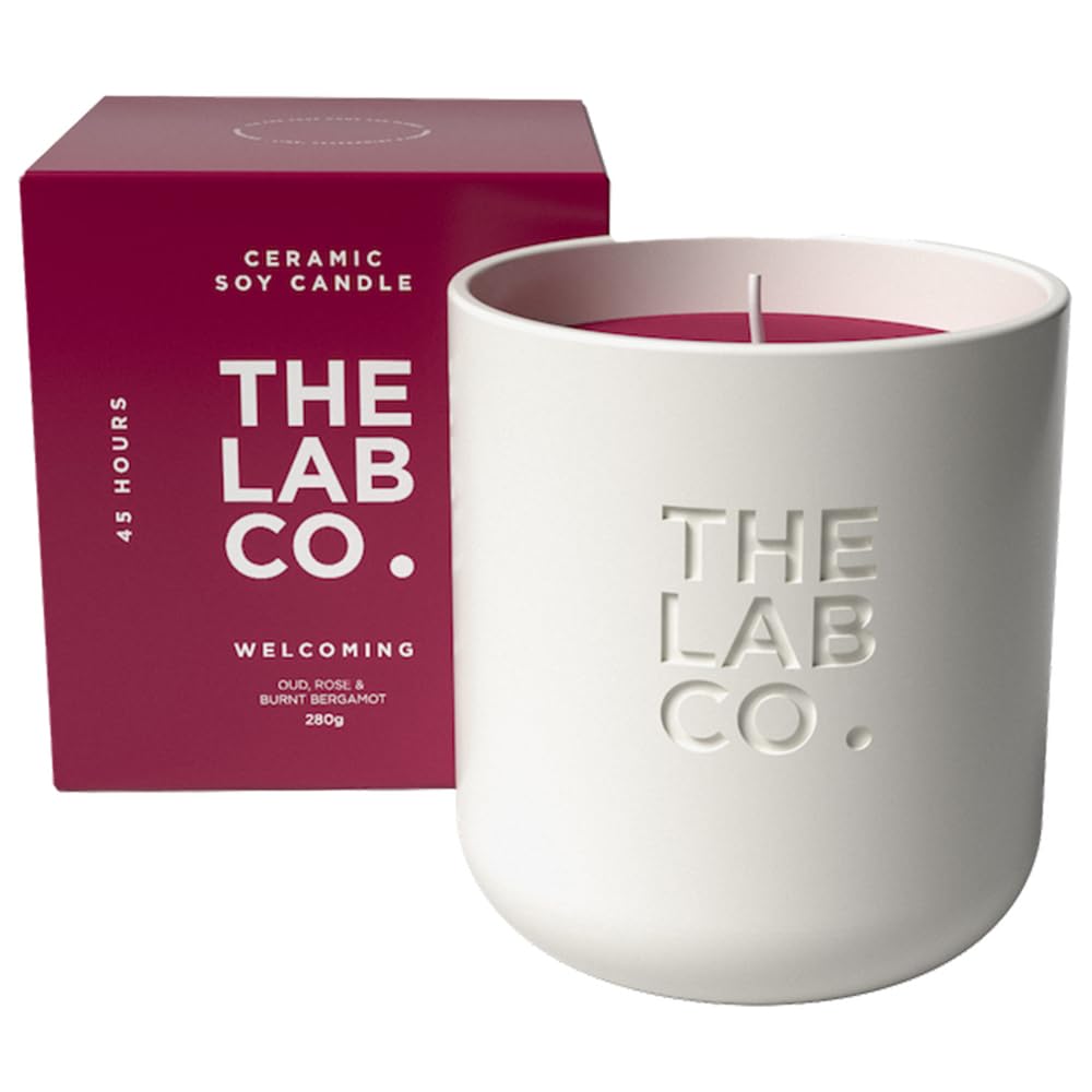 The Lab Co. Luxury Scented Candle | Ceramic Jar | 45hrs Burn Time | Welcoming Fragrance with Oud, Rose and Bergamot | 100% Vegan Soy Wax | 280g Wax Weight
