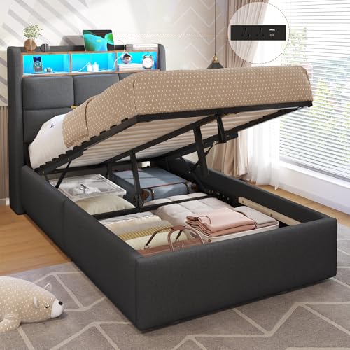 DICTAC Single Bed Frame with Hydraulic Storage and Charging Station 3ft Upholstered Ottoman Lift Up Storage Bed with Headboard and Led Light 90x190 Platform bed with Solid Wood Slats Grey(No Mattress)