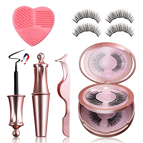 Magnetic Eyelashes with Eyeliner and Tweezer, WeChip Waterproof Lashes Kit Natural Look,No Glue Reusable False Lashes,Applicator for Party Dating Wedding(2 Pairs)