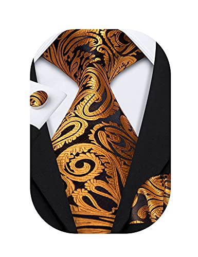 Barry.Wang Designer - Juego de corbata, pañuelo cuadrado para bolsillo y gemelos, para hombre, seda, diseño de Paisley Dorado dorado Talla única Cover