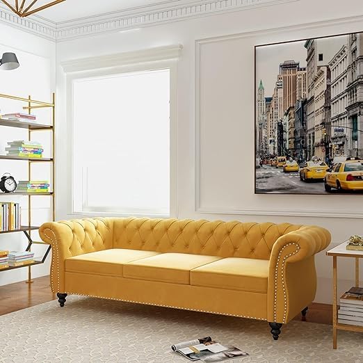 Image of Solid Wood Velvet Fabric L Shape Sofa Sofa for Living Room Button Tufted Sofa Chair for Home & Office (Left Aligned L-Shaped (Yellow)