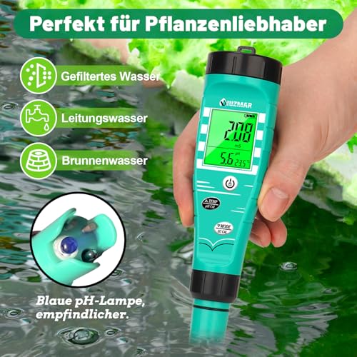 UIUZMAR pH Wert Messgerät Hydroponik, pH EC Messgerät Grow, PPM pH Messer für Wasser Hydroponik, Gleichzeitige Messung von pH EC TDS Temperatur für DWC, Aeroponic, Aquarium, Fischteich