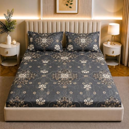 Image of Castiqa Elastic Fitted Supersoft Premium Polycotton 200TC King Size Bedsheets with 2 Pillow Covers (Fits Upto Mattress of 8Inches) (Grey Chain, Full 72x78x8Inch)