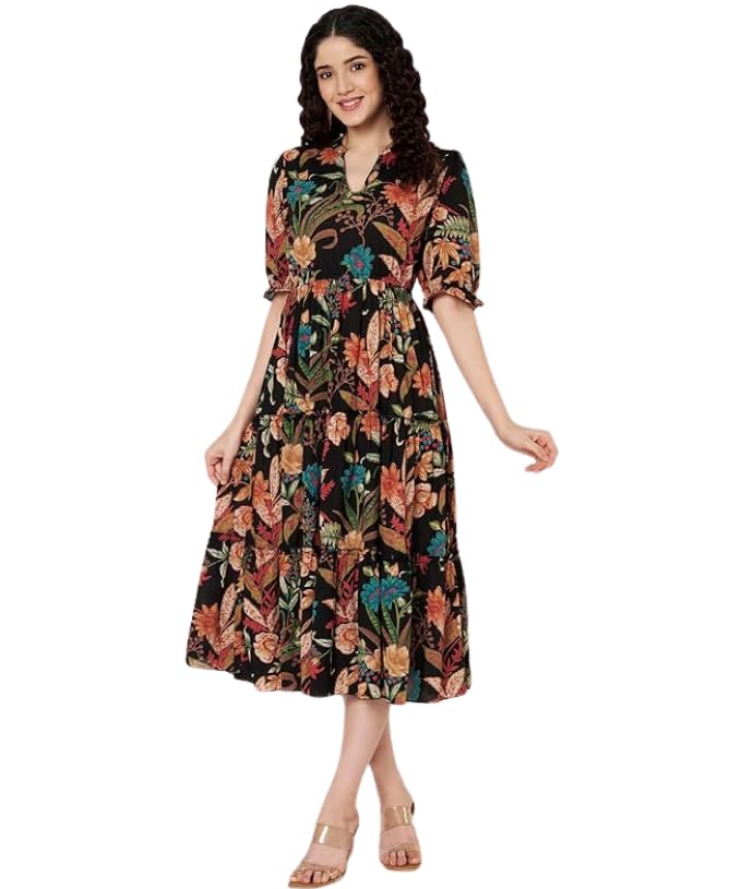 LABEL ADRIJA Pure Cotton Puff Sleeves Anarkali Midi Dress for Women Dress | Maxi Dress for Women Stylish Black