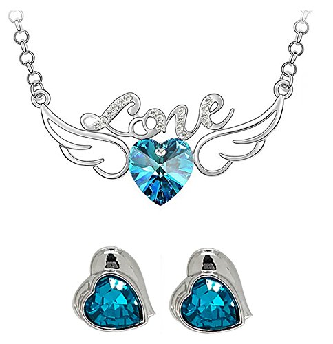 YouBella Valentine Collection Silver Blue Alloy Heart Shape Pendant Set with Earrings for Girls/Women
