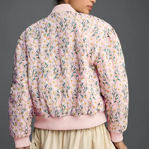 Shiyifa Women's Light Pink Embroidered Daisy Cropped Bomber Jacket – Cozy, Stylish & Fun! - Image 4