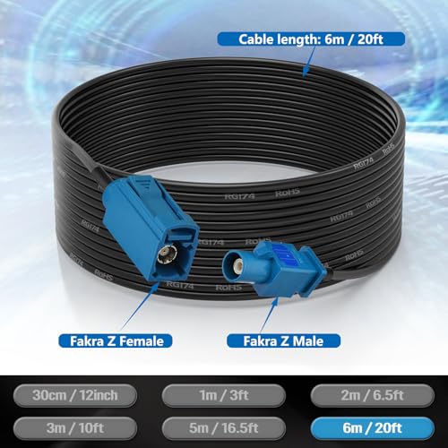 SZSAUTO Fakra Z Female to Male 20Ft / 6m RG174 Vehicle Antenna Extension Cable for Car Stereo Android Head Unit GPS Navigation FM AM Radio Sirius XM Satellite Radio 4G LTE TEL Telematics