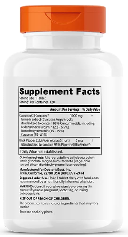 Doctor's Best - Hochabsorbierbares Curcumin aus Kurkuma mit C3-Komplex & BioPerine, 1000mg | Entzündungshemmende Unterstützung - 120 Tabletten