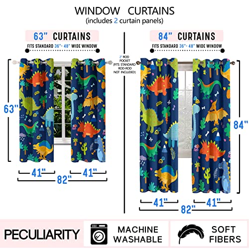 Dinosaur Blackout Curtains 2 Panels 63" Inch Drapes Boys Curtains for Bedroom Cute Dinosaur Themed Grommet Top Thermal Insulated Boys Room Curtains for Nursery, Navy Blue, 82" x 63"