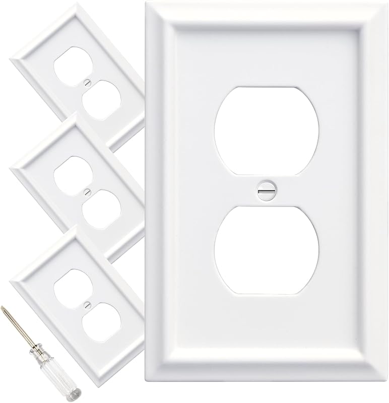 Wall Plates Duplex Outlet Covers, Classic White Light Switch Cover - Natural Bamboo Fiber Electrical Outlet Cover Plate Variety of 13 Styles: Toggle/Combo (1 Gang Duplex 4 Pack, White)