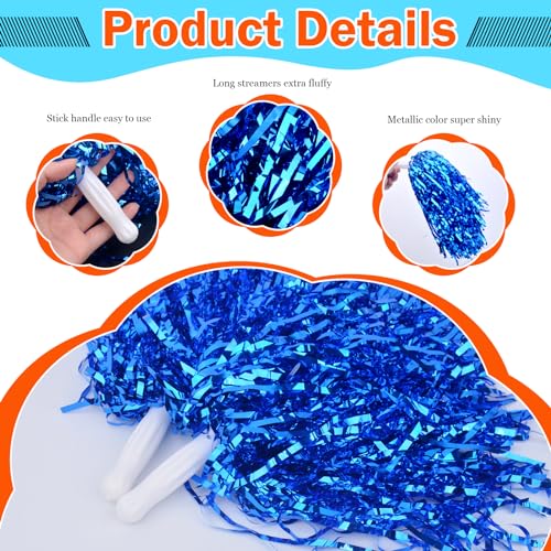 100pcs Blue Metallic Cheerleader Pom Poms with Baton Handle for Kids Adults Cheering Spirit Sports Party Dance Sportsteam - Thumbnail 3