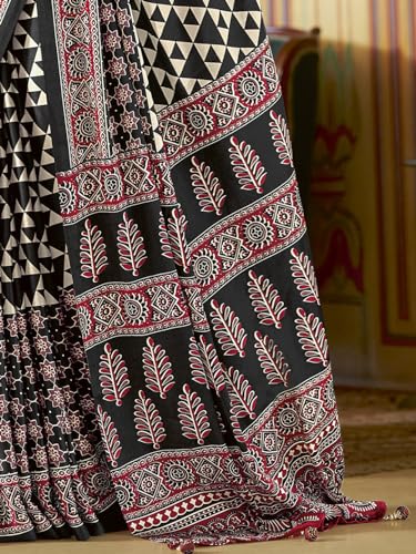Image of SAREE MALL Women's Ajrkh Print Satin Crepe Polka Dot Printed Saree With Unstitched Blouse Piece