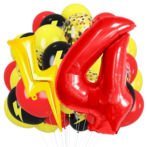 Red Yellow Black Balloons, 40 Inch Red 4 balloon number Lightning Bolt Balloon Confetti Balloons for Toy Carnival Party Decorations 4th Birthday Decorations for Boys (Red 4)