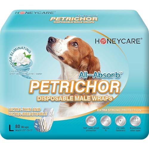 Image of HONEY CARE All Absorb Petrichor Male Dog Wraps, Fresh Smell Dog Diaper, Disposable, Large, Print, 80 Count