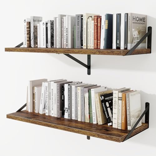 12" Deep Wall Shelves with Metal Brackets, 36" Wide, Rustic Brown, 2pcs